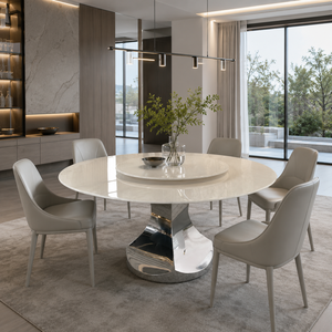 Table à manger personnalisée, plateau rond, style moderne, villa, 8 places, pieds en métal, meubles en pierre, luxe, marbre blanc jade royal - Product Image 1