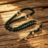 Chapelet en perles de plastique Mecrt 10 mm vertes, fait main, avec pendentif croix antique catholique en alliage de zinc