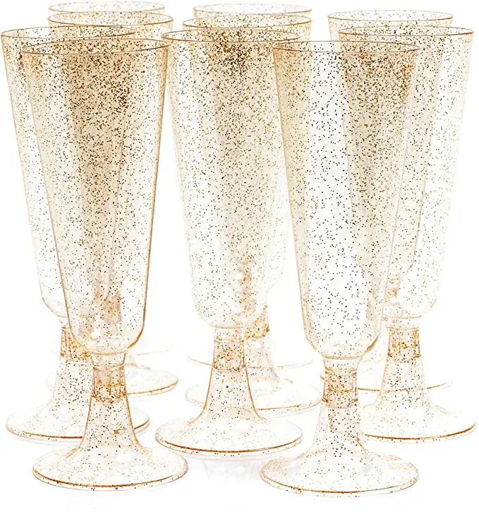 Vasos desechables de plástico con purpurina dorada, Copas de champán, fiestas de boda, Copas de plástico para tostar, venta al por mayor de fábrica, 6 paquetes