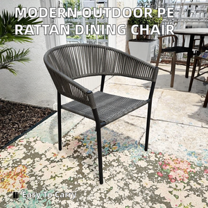 Chaise de salle à manger d'extérieur moderne et portable, en bois, avec dossier incurvé tissé à la main, structure en acier thermolaqué, pour jardin, patio, parc - Product Image 2