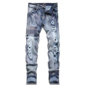 Nuovi <span class=keywords><strong>Jeans</strong></span> Casual da Uomo Stile Europeo e Americano a Vita Media <span class=keywords><strong>Strappati</strong></span>, Modello Dritto Eco-Friendly Lavaggio Medio per High Street - Product Image 1