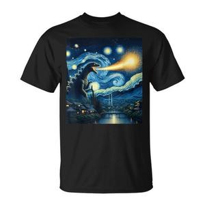 T-Shirt Unisex Stile Retrò Giapponese con Stampa Digitale di Mostri Kaiju e Notte Stellata, Manica Corta, Collo Tondo, Promozionale - Product Image 1