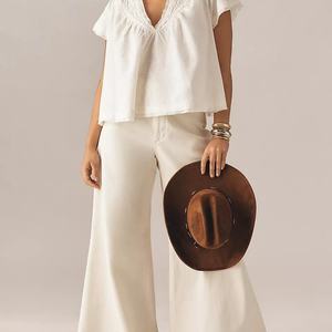 Blusa de Verano para Mujer, Nueva, a la Moda, de Alta Calidad, con Cuello en V, Manga Corta, Encaje Frontal, de Algodón - Product Image 5