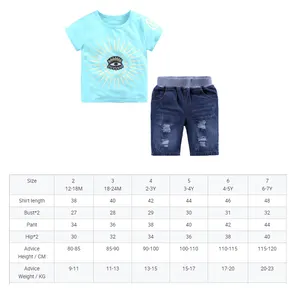 Оптовая продажа, детская дизайнерская одежда, футболка с принтом, рваные джинсы, Детский комплект из 2 предметов, костюм для маленьких мальчиков