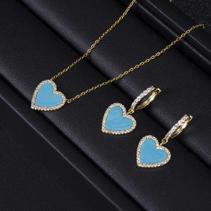 HIBRIDE sıcak satış aşk kalp şekli Sky Blue kübik zirkonya kristal kadınlar nişan kolye küpe düğün takısı takım N-923 - Product Image 1