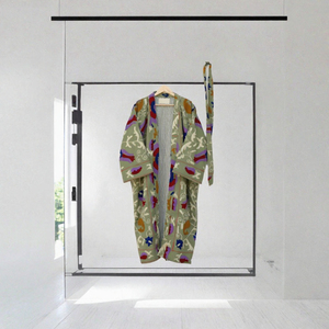 Embroidered Floral Kimono Robe Set <b>Women</b> Long Sleeve V-neck Open Front Lounge <b>Coat</b> and Pants Wholesale Suzani Cotton Robe - Product Image 3