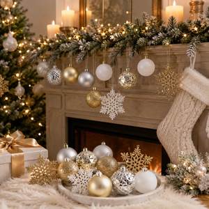 <b>Xmas</b> Holiday Party Decor 50 Pcs 2 Inch Gold Silver White Shatterproof Glitter Snowflake Baubles Kit Christmas <b>Tree</b> Ornament Sets - Product Image 2