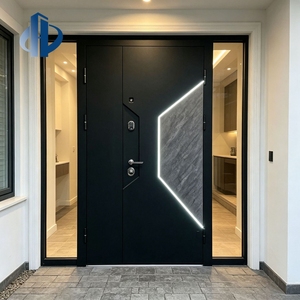 Porta d'Ingresso Moderna Curva in Acciaio e Legno Composito, Pannello Orizzontale con Venatura del Legno, Cancello di Sicurezza Antifurto in Acciaio, Maniglie per Porta - Product Image 5