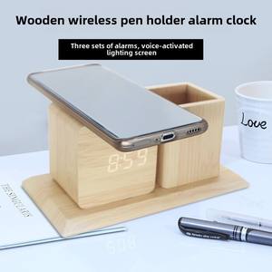 Multifunctional Wooden Pen Holder <strong>Alarm</strong> <strong>Clock</strong> Wireless Charging Simple LED Display Creative Digital Office Gift Electronic - Product Image 3
