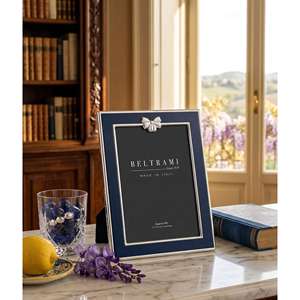 Beltrami Photo <b>Frame</b> <b>5x7</b> Silver Plated Navy Blue Ribbon Design Made In Italy - Product Image 2