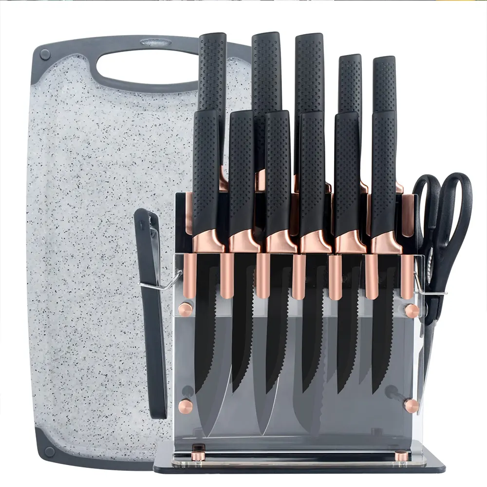 hot sale 15 pieces acrylic block kitchen knife set with cutting board and peeler
