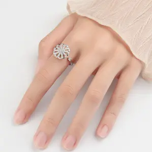 S925 Sterling silver fashion flower set diamond adjustable anxiety ring