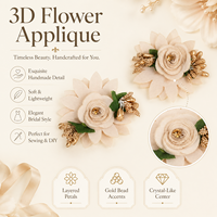 Applique florale 3D Champagne avec fleurs brodées et perles dorées à coudre pour robe de mariée, coiffure et projets DIY