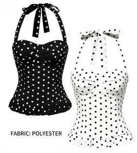 Top Halter Vintage Tejido <span class=keywords><strong>con</strong></span> Estampado de Puntos, Lazo, Espalda Fruncida Transpirable, Dobladillo <span class=keywords><strong>con</strong></span> <span class=keywords><strong>Volantes</strong></span>, Blusa Corsé, Camisola Elegante de Corte Ajustado para Mujer - Product Image 4