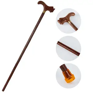 Wholesale walker old man elderly disabled handle carved solid walking sticks wood crutch cane