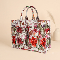 Sac fourre-tout en toile épaisse de qualité supérieure à imprimé floral pour femmes, doublure beige, poches intérieures, OEM personnalisé
