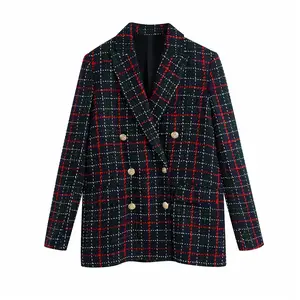Wholesale Plus Size Women's Suit Plaid Long Sleeve Double Breasted Ladies Blazer Polyester Jackets