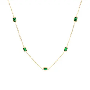 Joyería de acero inoxidable chapado en oro de 18k, diamante cuadrado de piedra, Circonia cúbica, collar de Esmeralda verde