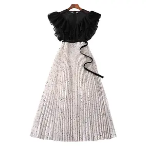 robes pour femm Wholesale new elegant 2024 summer chiffon dress mid-length lace ruffle splicing pleated dress women