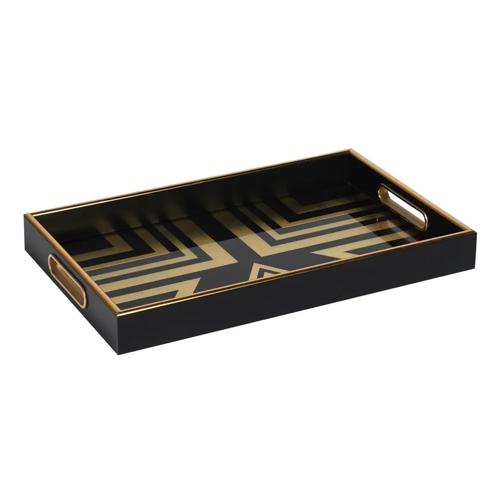 Super luxury artwork glass tray with handle for home and ottoman black luxury coffee table tray