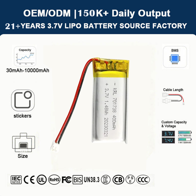 Factory Custom 701738 3.7V 400mAh Li-Polymer Battery OEM ODM for Hearable Wearable Devices OEM ODM