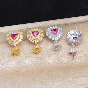 Boucles d'oreilles en argent S925 avec zircone et perle, boucles d'oreilles en forme de cœur de pêche de 10 à 12 mm, support pour boucles d'oreilles, accessoires de bijoux DIY - JG5993 - Product Image 1