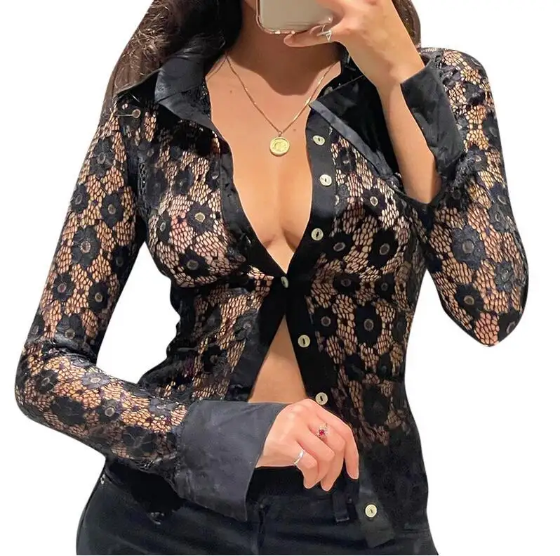 Woman's lace transparent shirts female sexy Y2K style sheer long sleeve ladies blouses and tops for women blouses and shirts