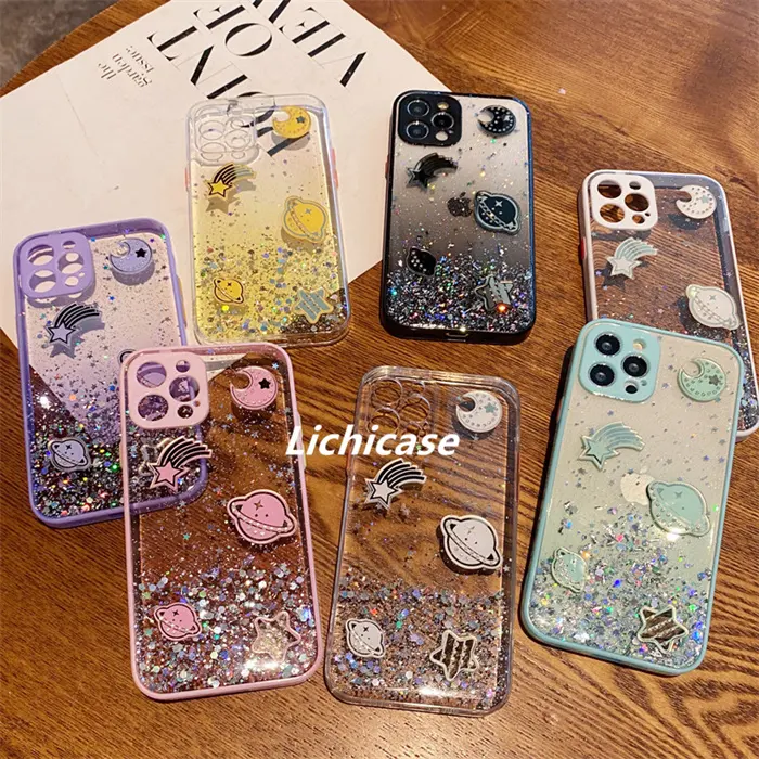 Lichicase Cartoon Planet Stars Bling Glitter Epoxy Case para Redmi A1 A1 Plus Anti-drop Hard Cover