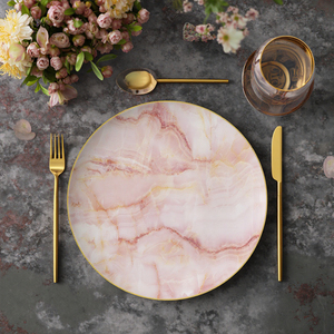 Juego de <span class=keywords><strong>vajilla</strong></span> de cerámica ecológica de lujo, platos de cena redondos con patrón de mármol blanco rosa, platos para alquilar - Product Image 2