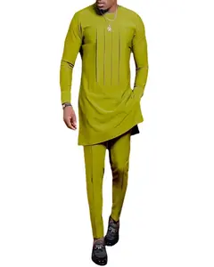 Nouvel ensemble de costume 2 pièces chemise plissée et pantalon de couleur unie de style ethnique africain