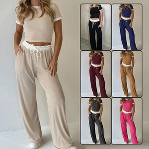 Ensemble décontracté deux pièces pour femme, bleu marine, haut court à manches courtes, pantalon large, couleur unie, vêtements de sport, tailles S M L XL - Product Image 5