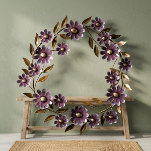 Corona de Flores Metálica Rústica Hecha a Mano, Decorativa, con Margaritas Púrpuras, Redonda, para Colgar en la Pared, Sin Iluminación, Paquete Individual - Product Image 2