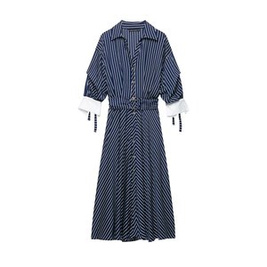 Vestido Camisero a Rayas Personalizado 2026 con Cinturón, Elegante, Casual, para Oficina, con Puños en Contraste, Manga Larga, Midi, con Cintura Ajustable, OEM - Product Image 5