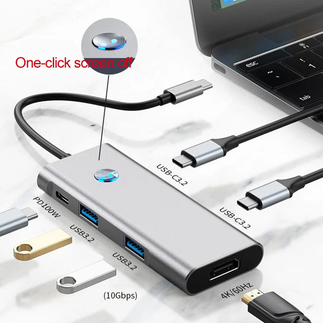 Xput 7 in 1 USB C Multiport Docking Station 10Gbps 4K60Hz 100W PD 4 USB Ports One Key Screen Off Adapter for iPad
