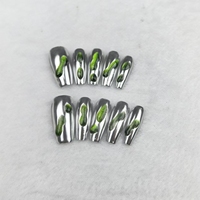 Uñas artificiales hechas a mano puras, medio-largo verde metálico ojo de gato, alta calidad y reutilizable