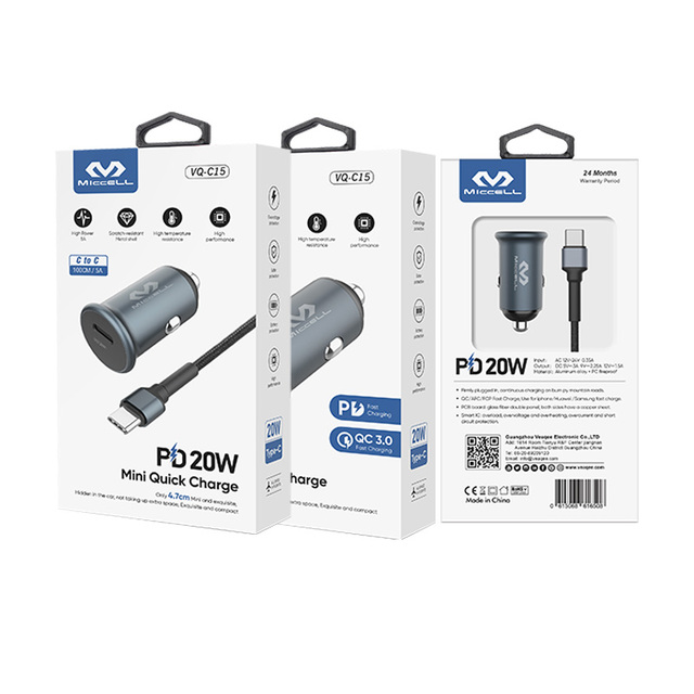 MICCELL 20W PD USB-C Electric Car Charger SCP Technology OTP/OVP Protection Laptop Compatible-Gift Box Included Fast Charging