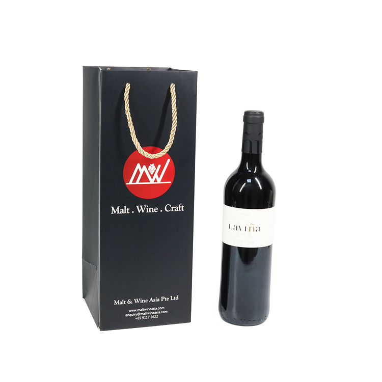 Custom Single Bottle Packaging Black Paper Wine Gift Bag With Logo Printed