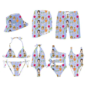 Designer Custom Pattern Hawaiian Beach Wear Surfing Bikini Swim Trunks Matching Set Women 3 Piece Sarong Swimsuit