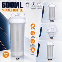 Bouteille de 600 ml en plastique sans BPA, étanche, pour la gym et le sport, idéale pour boire directement et mélanger les protéines en poudre, écologique