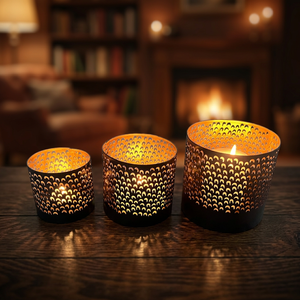 Iron <b>Candle</b> Holders Set Cylinder Die Cut Pattern Heat Resistant Home Decoration <b>Black</b> Metal <b>Lanterns</b> - Product Image 2