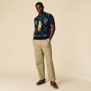 Gilet en tricot pour homme à motif losanges et intarsia ours de dessin animé, col en V, style preppy, vert marine - Product Image 2