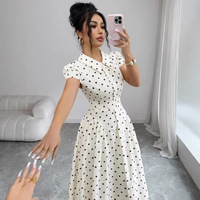Robe longue élégante pour femme, style vintage à pois, manches bouffantes, col rabattu, coupe trapèze, taille haute, décontractée pour le quotidien