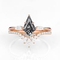 Bague de fiançailles en argent sterling 925 couleur or rose avec quartz naturel rutilé noir taille cerf-volant