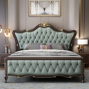 Lit <span class=keywords><strong>king</strong></span> <span class=keywords><strong>size</strong></span> de style américain luxueux, lit double en bois massif de style européen de haute qualité, tête de lit en cuir souple - Product Image 1