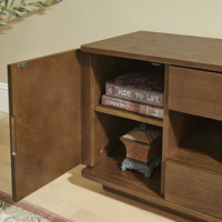 Meuble TV moderne pour salon, compatible avec les téléviseurs jusqu'à 65 pouces, centre de divertissement en MDF avec rangements ouverts, armoires latérales et tiroirs