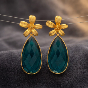 Boucles d'oreilles pendantes ethniques plaquées or avec pierres précieuses et motif floral, ensemble de boucles d'oreilles unisexe en onyx, nouveau style pour la jeune génération - Product Image 3