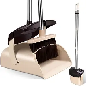 Broom and Dustpan Set Extendable Long Handle Brooms Upright Standing Dustpans Lightweight Stainless Self-Clean Soft Broom Combo