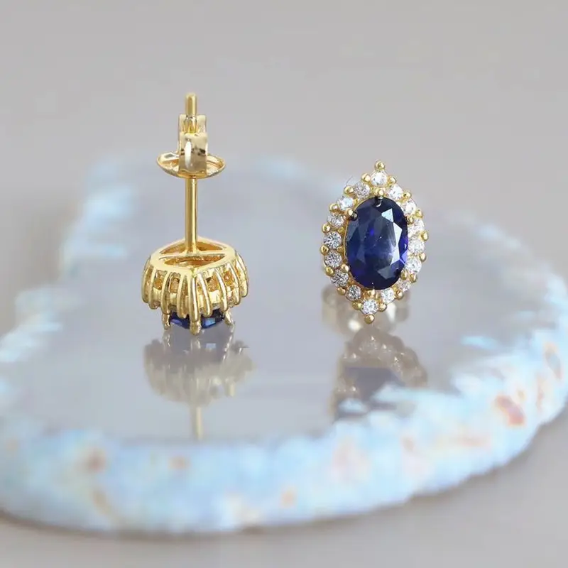 Anting-anting berlian biru elegan anting-anting perak murni Topas biru berlapis emas 14K untuk pesta wanita