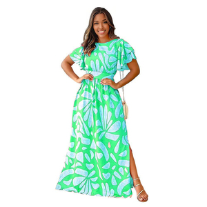 Vestido Maxi Casual con Estampado y Abertura, Cuello Redondo, Tipo Túnica, para Mujer, Venta al por Mayor - Product Image 5