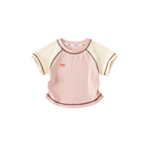 Abbigliamento per Bambini, Nuova T-Shirt Estiva per Bambine <span class=keywords><strong>con</strong></span> Maniche Corte Raglan in Cotone, Stampa a Blocchi di Colore <span class=keywords><strong>con</strong></span> Fiocco e Righe - Product Image 1